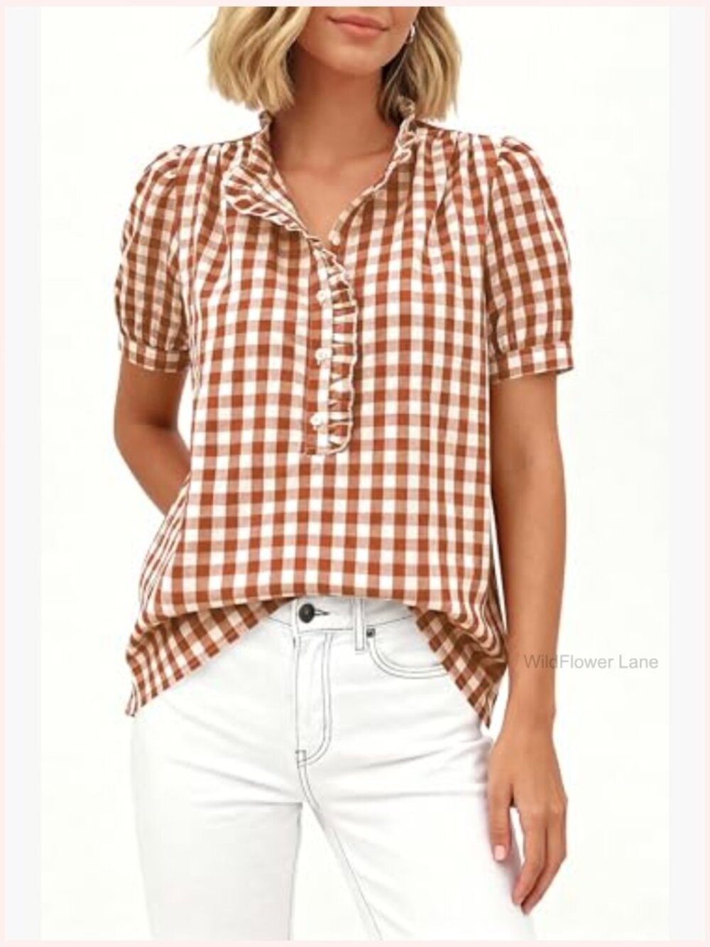 Ruffle V Neck Button Down Puff Sleeve Blouse for Women Summer Work - Picture 5 of 7